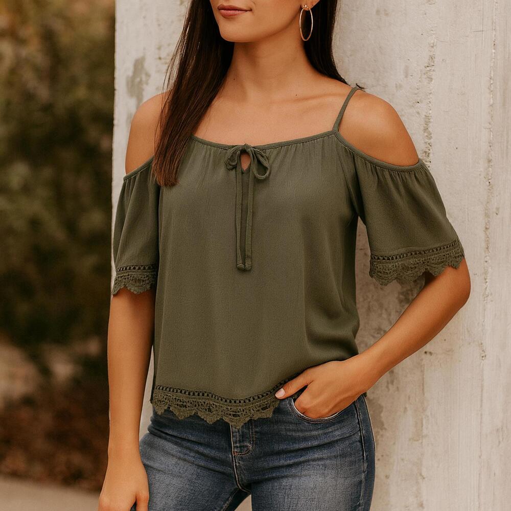 Boho Olive Green Off-Shoulder Crochet Trim Top | Prairiecore Romantic Whimsical